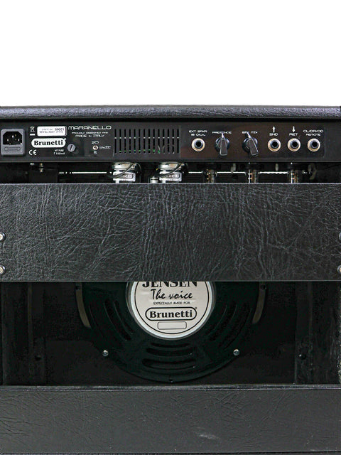 Detailed rear panel of the Brunetti Maranello Black Top 1x12” Combo amplifier featuring input/output ports and control switches – Italy 2016.