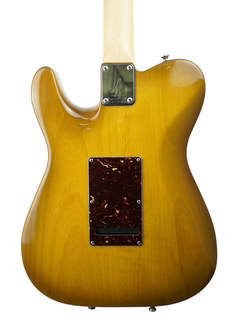Detailed view of a 2005 Tom Anderson Hollow T Classic electric guitar featuring a rich brown body and smooth contours.