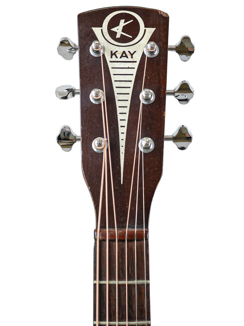 Detailed view of a Kay K113 guitar headstock, highlighting its vintage tuning pegs and craftsmanship from 1966-68.
