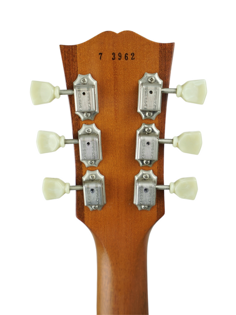 Detailed view of the headstock from a 2003 Gibson Les Paul Goldtop Reissue, showcasing four tuning knobs.