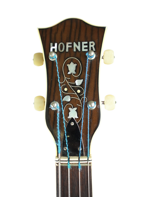 Detailed view of the headstock of a 1961 Hofner Verithin Bass, highlighting its vintage craftsmanship.