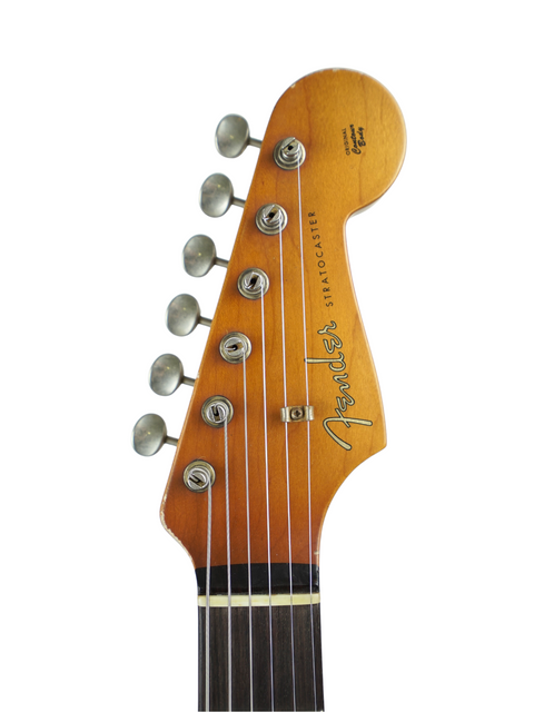 Detailed view of the headstock on a Fender Custom Shop '60 Stratocaster Hardtail guitar, emphasizing its quality and style.
