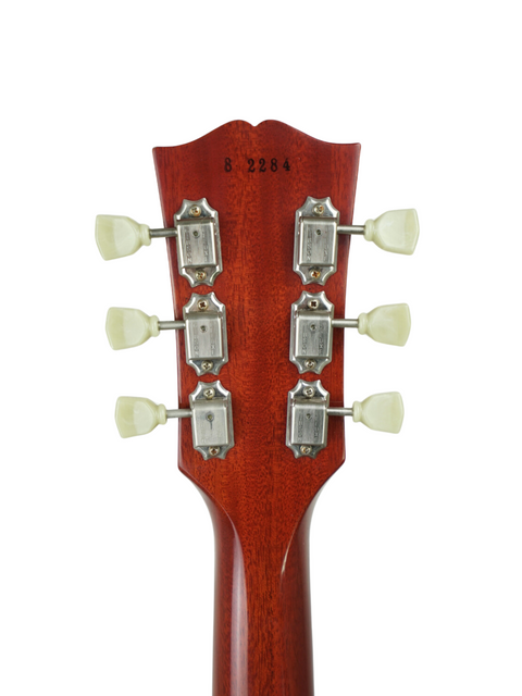 Detailed view of the headstock on a Gibson Custom LPR-8 '58 Les Paul Standard R/I acoustic guitar, highlighting craftsmanship.