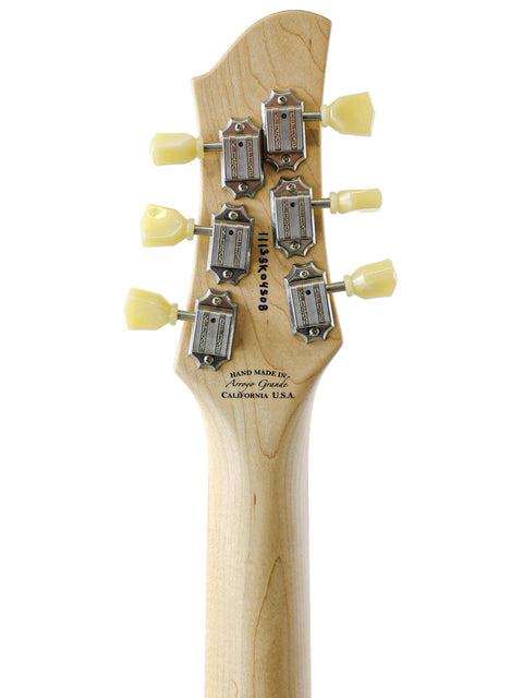 Detailed view of the neck of a 2013 Koll Troubadour electric guitar, highlighting the craftsmanship and fretboard design.