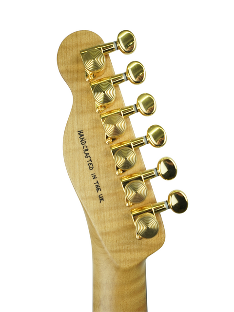 Detailed view of the neck of a Gordon Smith Classic T electric guitar, highlighting its quality and unique features.
