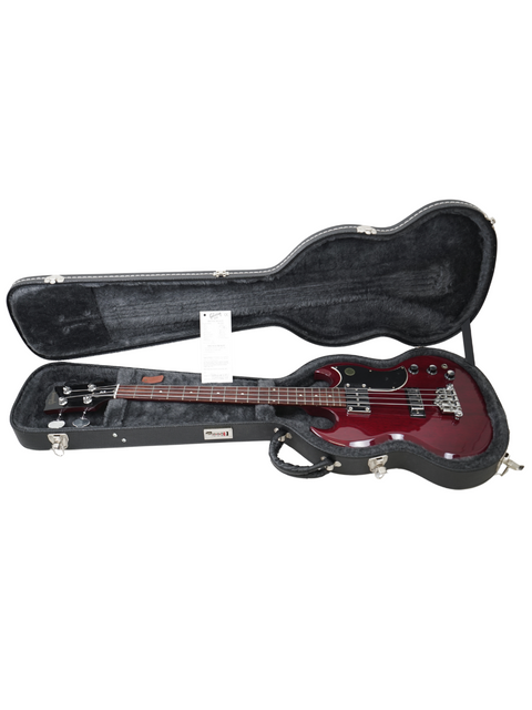 Eye-catching red Gibson SG Standard Reissue Bass nestled in a case, a must-have for any music enthusiast.