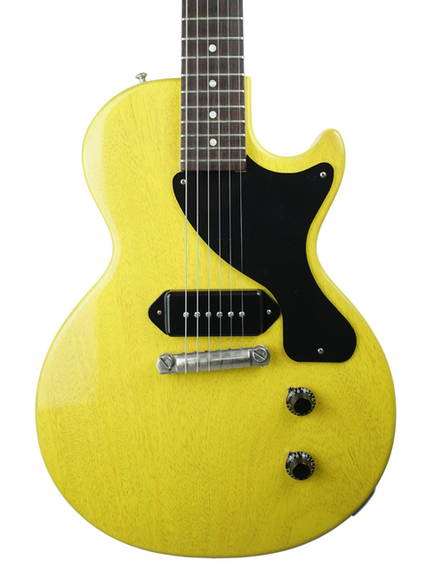 Eye-catching yellow Gibson Custom Les Paul Jr. electric guitar with a black pick guard, made in the USA in 2020.