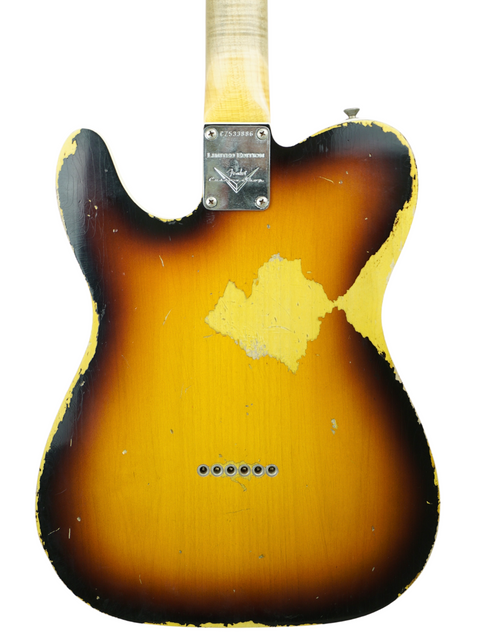 Fender Custom Shop 60s Telecaster in yellow and black, featuring a heavy relic finish, crafted in the USA in 2017.
