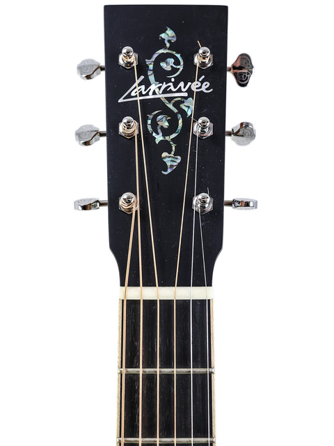 Floral design on the neck of a Larrivée 0-40R acoustic guitar, made in the USA, 2016.