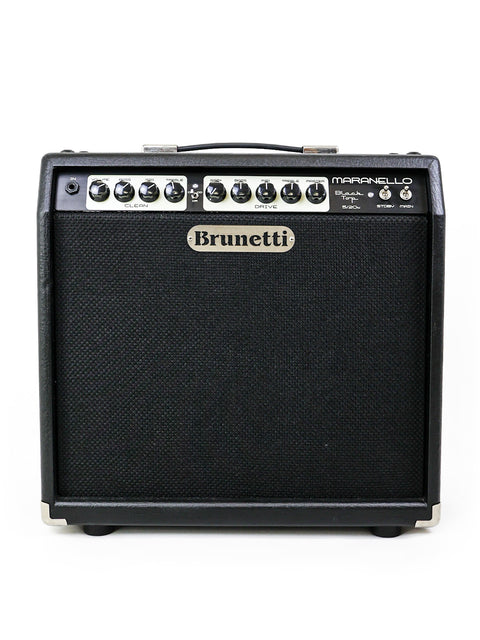 Front view of Brunetti Maranello Black Top 1x12” Combo amplifier featuring clean and drive controls, classic Brunetti logo, and robust design – Italy 2016.