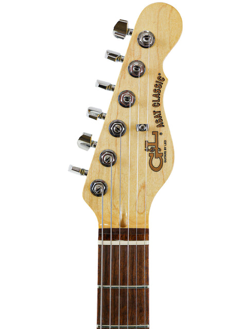  G&L Fullerton Deluxe ASAT Classic Bluesboy guitar showcasing a wooden headstock on a pristine white background.