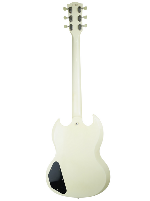  Gibson Custom Shop Les Paul SG Standard in white, showcasing a contrasting black pickguard.
