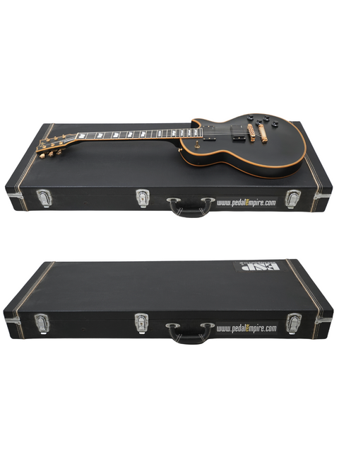 Guitar on top of its case with the lid off; both have "www.pedalempire.com" labels.