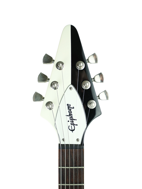 Headstock of an Epiphone guitar against a white background.