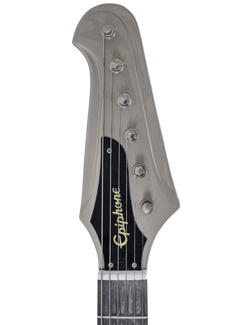 Headstock of an Epiphone guitar with tuning pegs and logo.