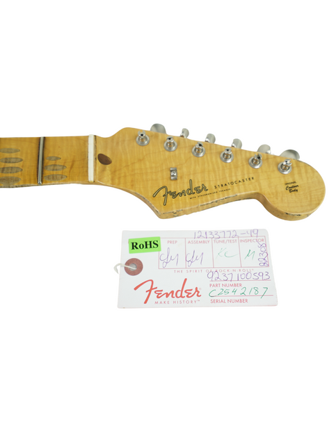 Image of a Fender Custom Shop '56 Relic Stratocaster neck, showcasing its vintage design and craftsmanship from USA 2019.