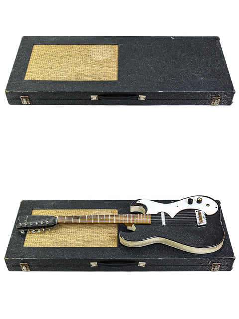 Inside a case, two black and white guitars are visible, highlighting a 1960s Harmony Silvertone 1448 with 'Amp-in-Case'.