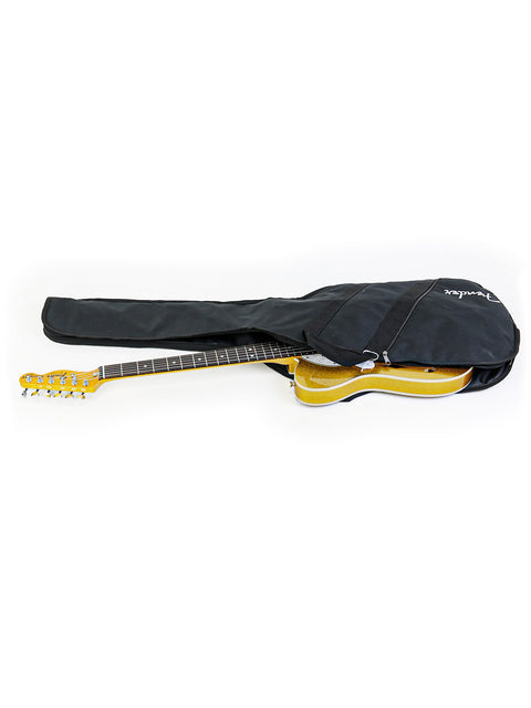 Inside a guitar case, a yellow Txxx Custom Thinline '72 Partscaster with B5 Bigsby is displayed.