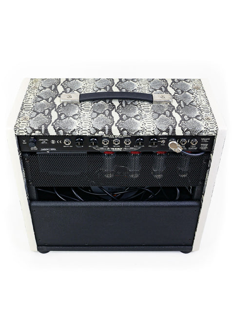 Mesa Boogie King Snake guitar amplifier featuring a striking white and black snake skin design, made in the USA, 2014.
