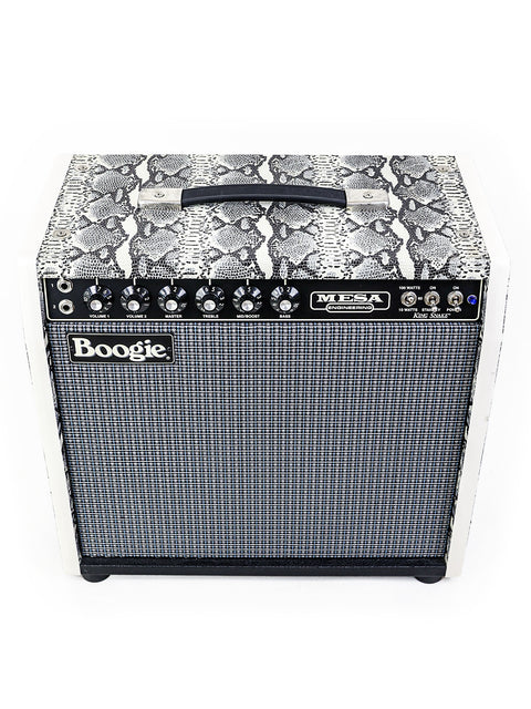 Mesa Boogie King Snake guitar amplifier in white and black, showcasing a unique snake pattern, crafted in the USA, 2014.
