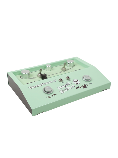Mint green Danelectro Reel Echo tape simulator pedal on white background.