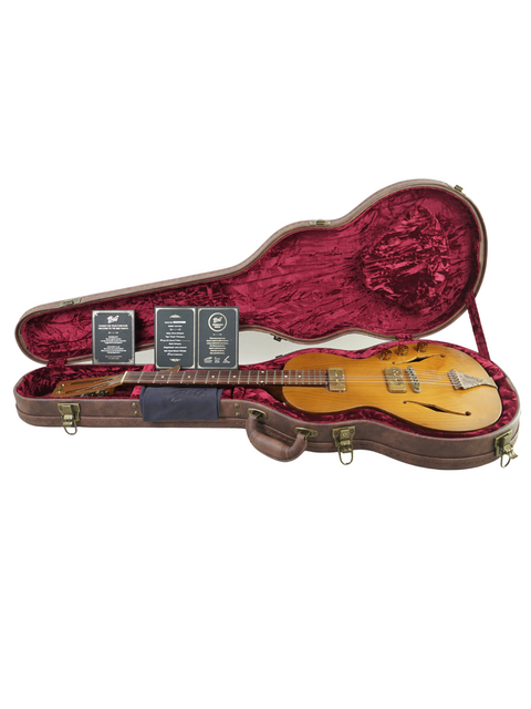 Open hard-shell case with B&G 'Little Sister' guitar, featuring luxurious red velvet lining and included certificates of authenticity.