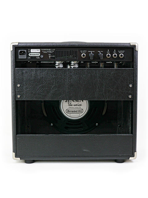 Rear view of Brunetti Maranello Black Top 1x12” Combo amplifier showcasing the open-back design and Jensen speaker – Italy 2016.