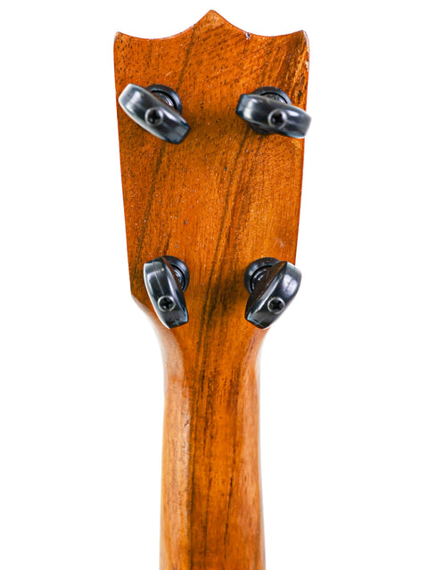 Rear view of the Aloha Tabu Akai ukulele headstock, showing vintage tuning pegs and solid wood finish.

