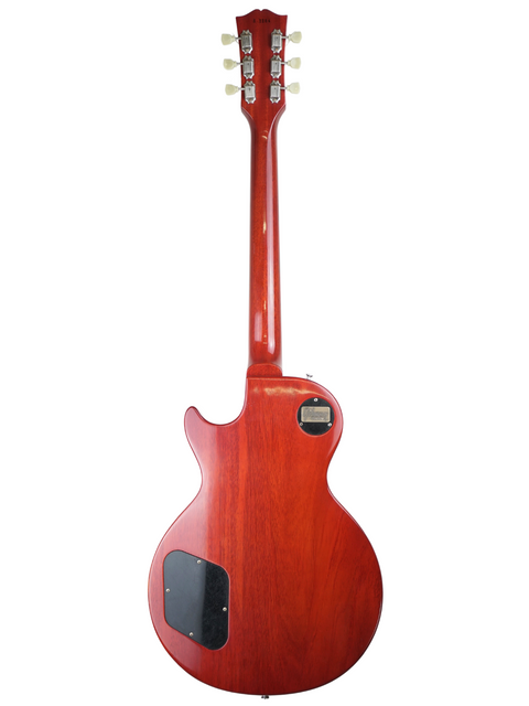 Red Gibson Custom LPR-8 '58 Les Paul Standard guitar featuring a wooden body and neck, highlighting its vintage appeal.