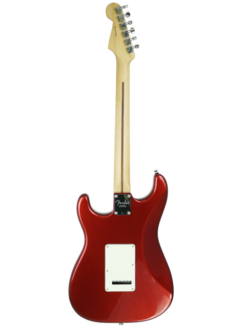 Red electric guitar with a natural wood neck on a white background.