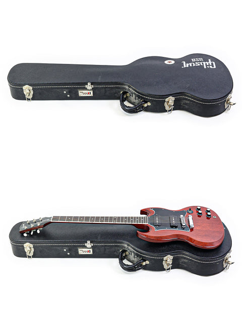 Showcase of a Gibson SG Classic guitar from 2006 alongside another guitar and their protective cases, ideal for musicians.
