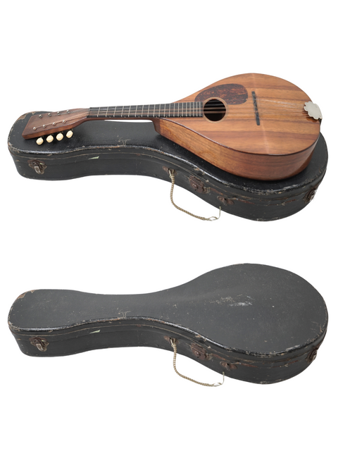 Side-by-side view of two guitars, one in a case and one out, showcasing a vintage Martin AK Mandolin from 1924.

