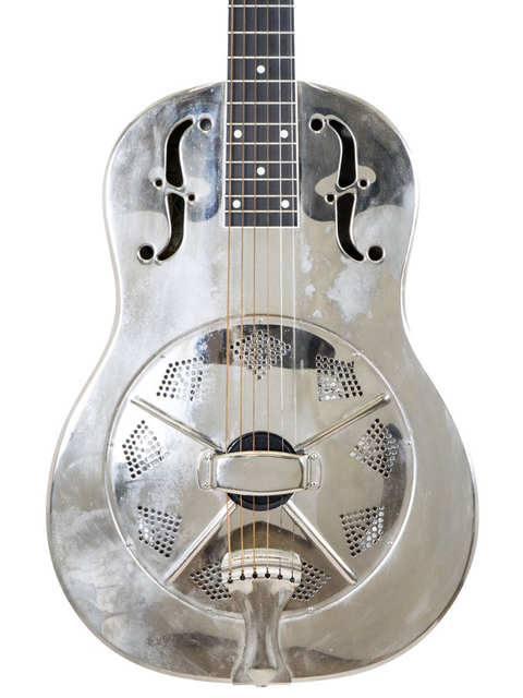 Silver 2001 National Resophonic Style N guitar with a star on the back, highlighting its distinctive resonator design.