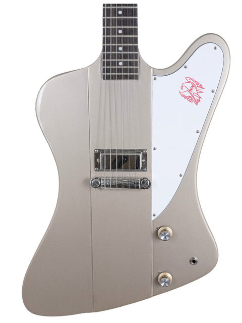 Silver electric guitar with a white pickguard and red emblem on white background.