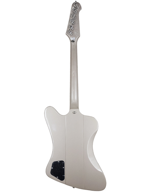Silver electric guitar with autographs on the back, isolated on a white background.