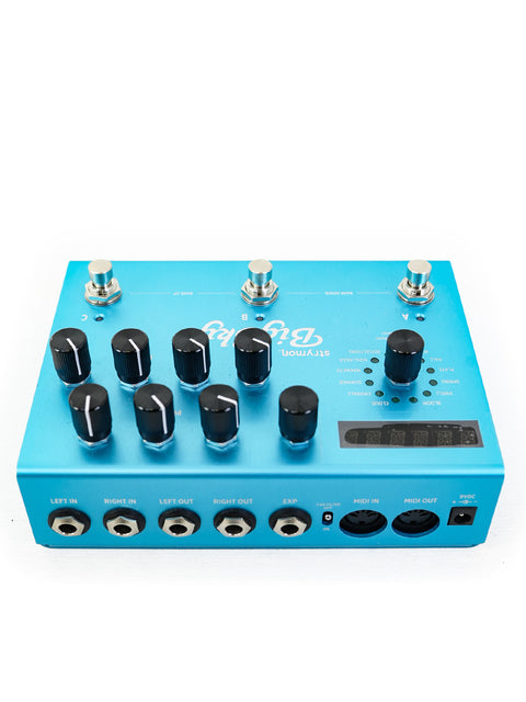 Strymon BigSky Multi Reverb Pedal in blue, prominently featured on a white background, perfect for music enthusiasts.