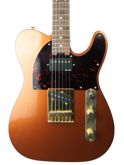 Stunning gold Fender guitar with a sleek black pickguard, perfect for musicians seeking style and quality. Gordon Smith Classic T.