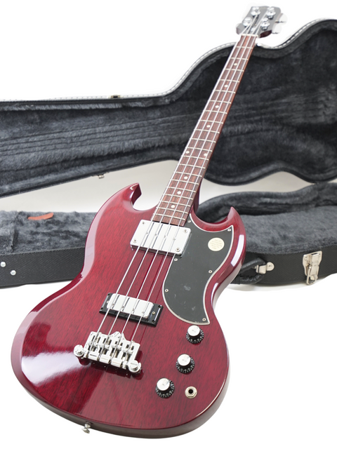Stunning red electric bass guitar, Gibson SG Standard Reissue, 2005 model, complete with a durable case for easy transport.