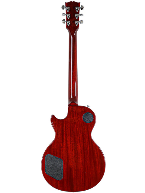 Stunning red electric guitar, a 2018 Gibson Les Paul Standard, featuring a stylish black pickguard for a classic look.