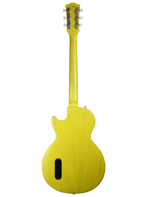 Stunning yellow Gibson Custom Les Paul Jr. guitar displayed against a pure white background, highlighting its features.