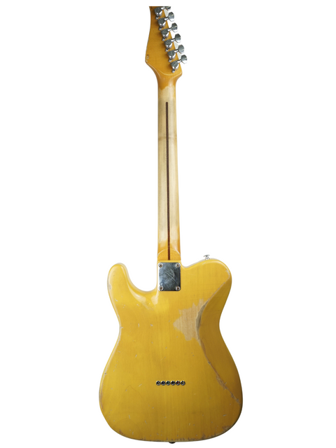 Suhr Classic T Antique guitar in yellow, wooden body and neck, heavily aged, made in the USA in 2015.
