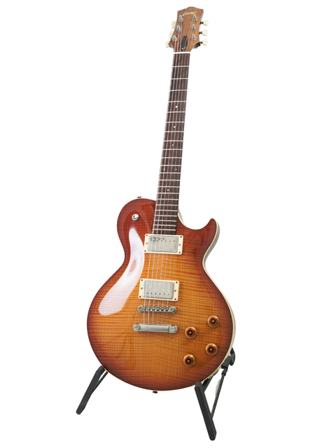 Sunburst electric guitar on stand with white background.