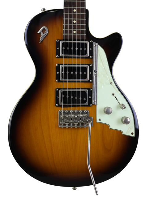 Sunburst electric guitar with three pickups, tremolo arm, and white pickguard, isolated on white.