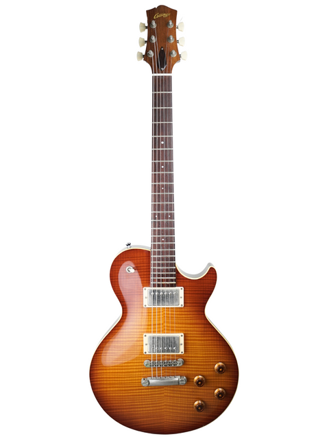 Sunburst electric guitar with two humbucker pickups and four control knobs.