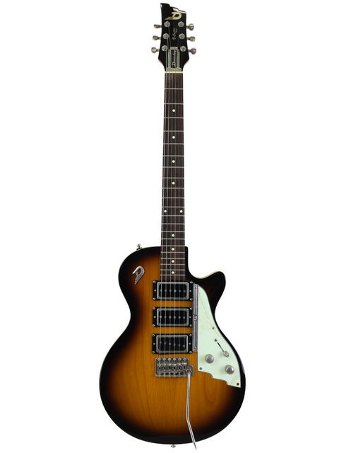 Sunburst electric guitar with two pickups and white pickguard on white background.