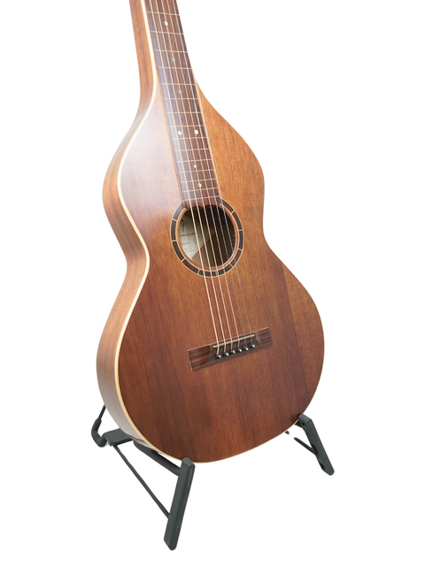  The Sachar Amos Custom 'Weissenborn' guitar, made in 2007, is showcased on a stand, emphasizing its artistic details.