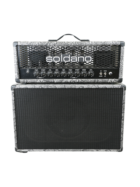 The Soldano Hot Rod 100 Plus Head paired with a Custom EB Cabinet, highlighting its classic look and robust sound capabilities.