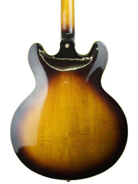 The back of a 1979 vintage Ibanez Artist 2630 guitar, showcasing a beautiful sunburst finish.
