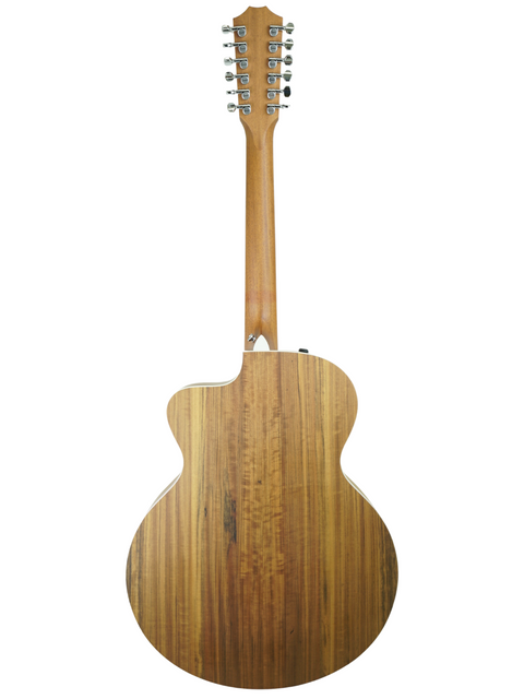 The back of a 2011 Taylor 455ce 12-string acoustic guitar, highlighting its stunning wooden craftsmanship.