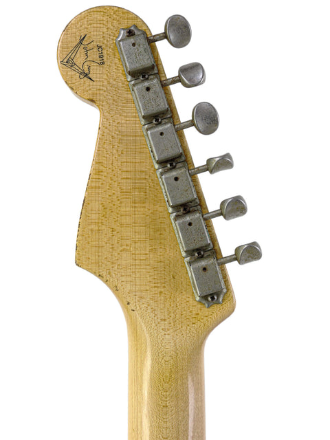 The neck of a 2013 Fender John Cruz Master Built ‘64 Stratocaster Relic guitar, showcasing a single pickup design.